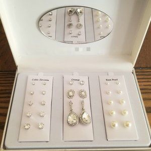 New 13 Pair Earrings Box Set Crystal Faux Pearl NEVER WORN!! Kim Rogers